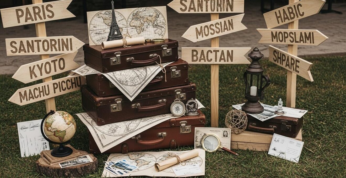 Décoration immersive d’un mariage sur le thème du voyage avec valises vintage, cartes et panneaux directionnels