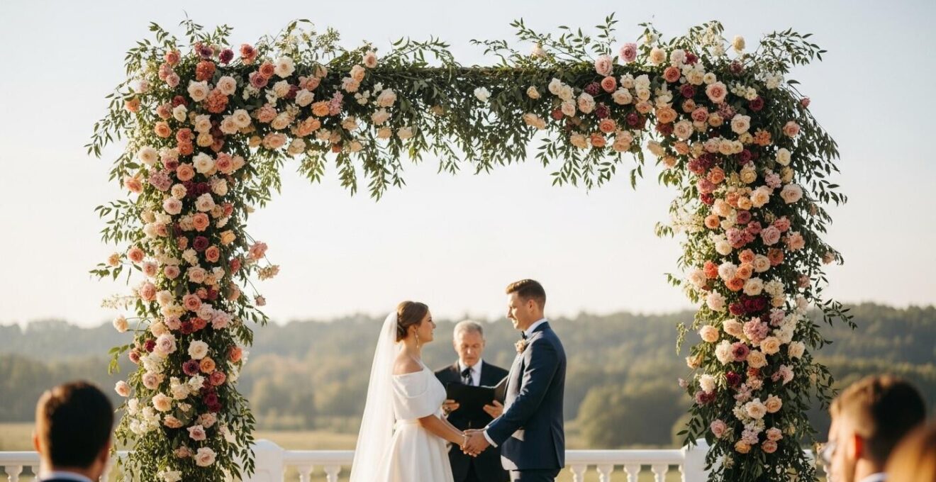 Composition florale élégante et sur mesure pour un mariage, avec une arche fleurie luxuriante encadrant un couple lors d'une cérémonie en plein air.