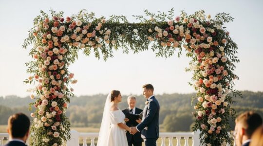 Composition florale élégante et sur mesure pour un mariage, avec une arche fleurie luxuriante encadrant un couple lors d'une cérémonie en plein air.
