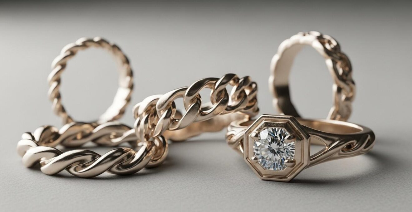 Différents designs atypiques d'alliances de mariage, formes torsadées, maillons et octogonales, présentés sur un fond neutre.