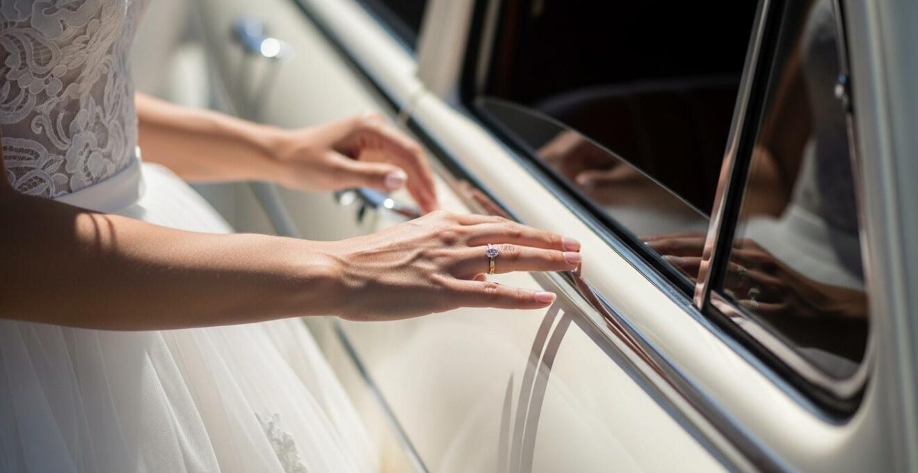 Gros plan sur la main délicate d'une mariée en robe blanche posée sur la portière d'une voiture ancienne