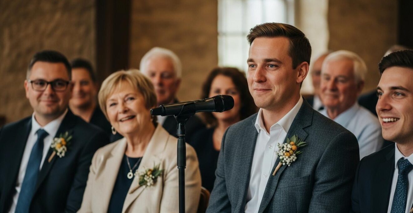 Photographie réaliste d’une personne prenant la parole lors d’un mariage, debout avec micro, invités captivés et émouvants à l’arrière-plan.