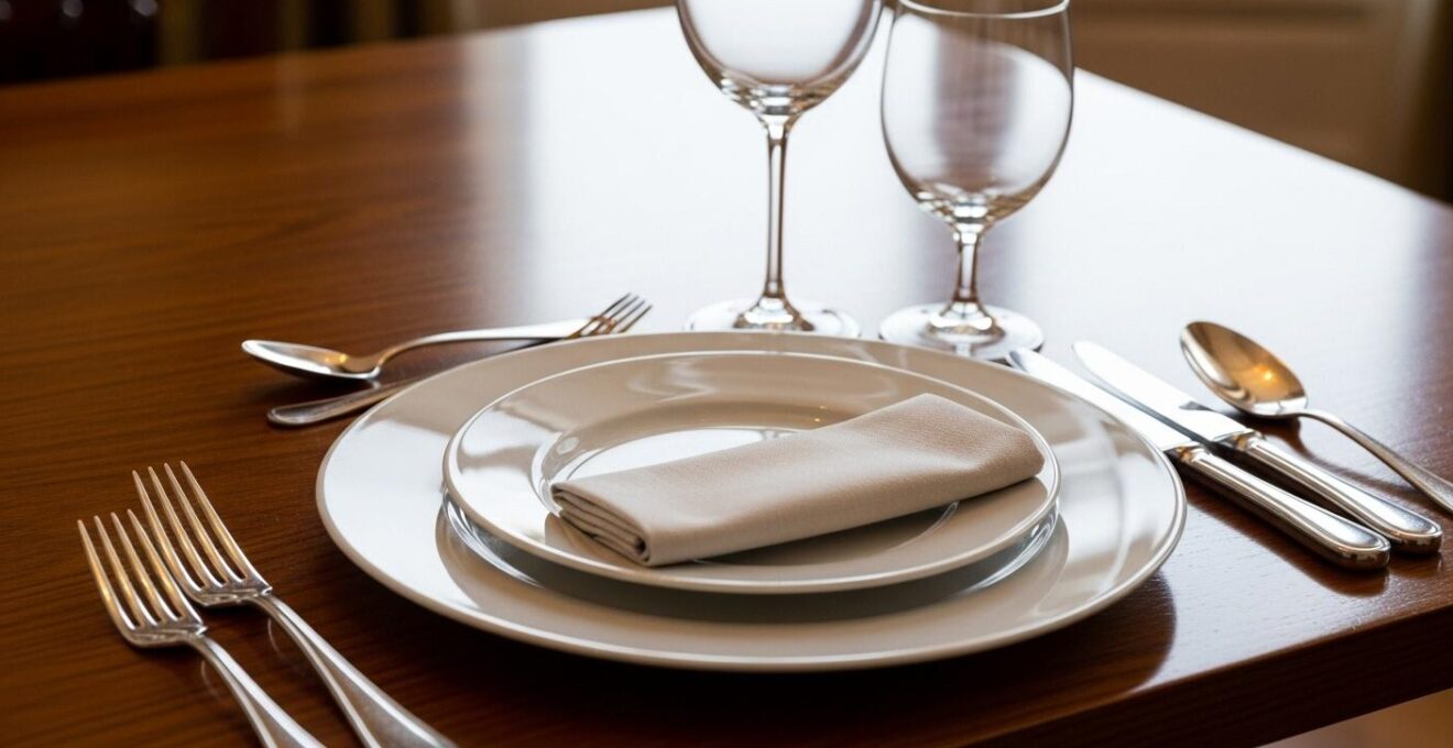 Détail d’une table de mariage parfaitement dressée montrant la disposition précise des couverts, assiettes et verres