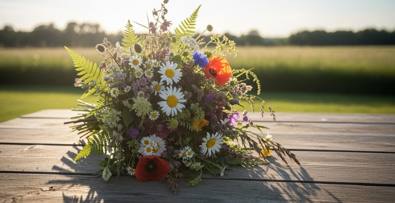 Bouquet de mariée au style jardin sauvage avec fleurs des champs et feuillages variés