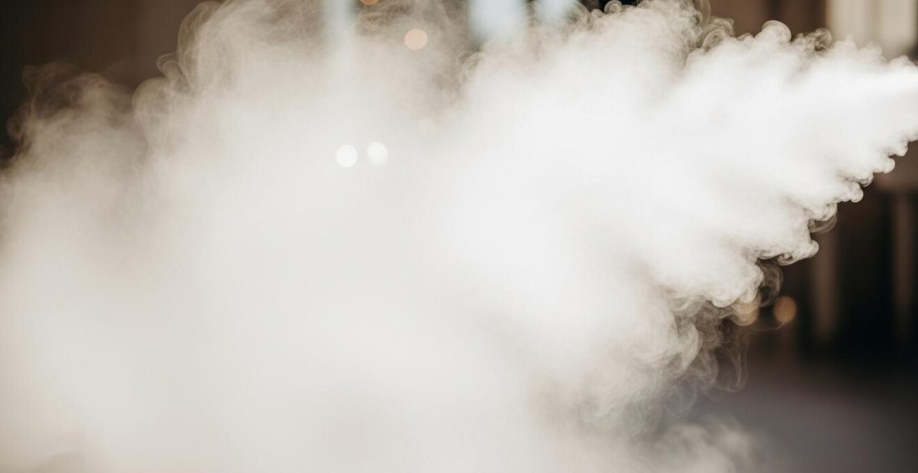 Machine à brouillard créant une atmosphère romantique et mystérieuse pour l'entrée des mariés