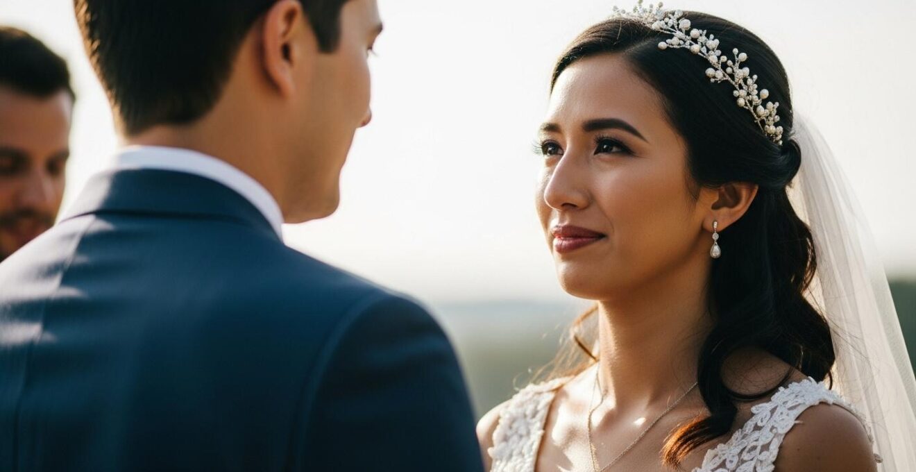 Un couple de mariés partageant un moment intime et émotionnel lors de leur cérémonie de mariage