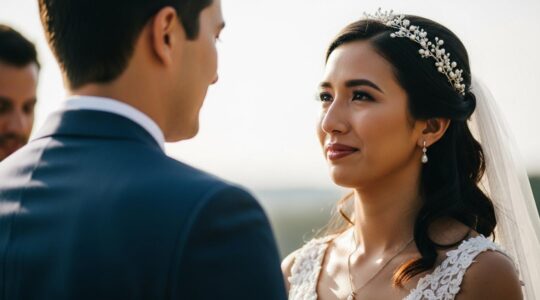 Un couple de mariés partageant un moment intime et émotionnel lors de leur cérémonie de mariage