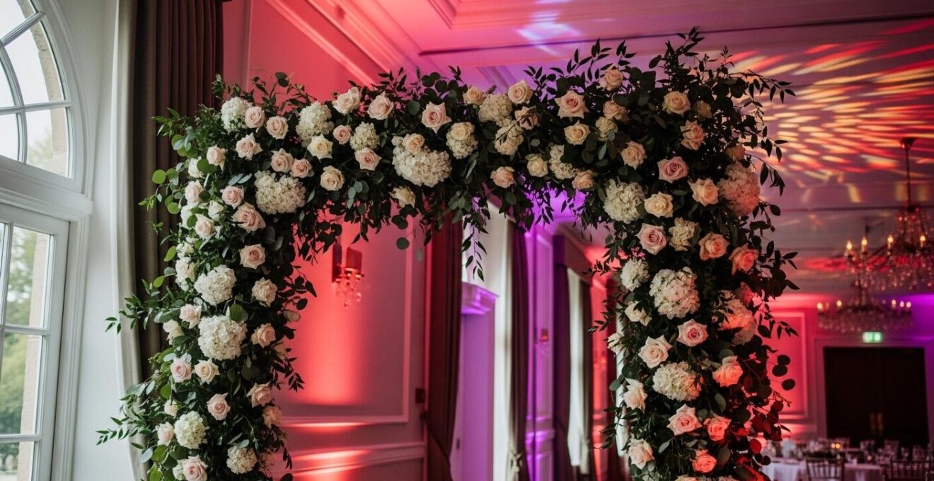 Entrée de salle de mariage décorée avec un décor floral imposant et un éclairage lumineux