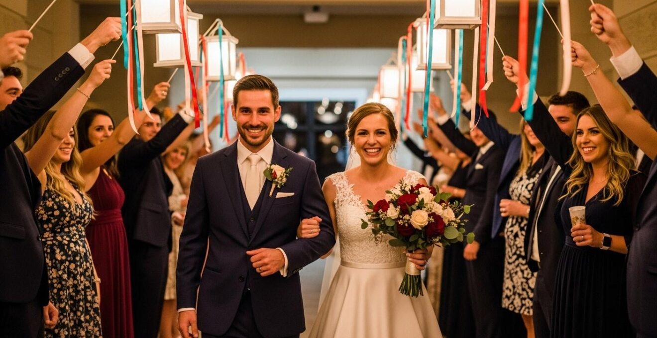 Les mariés entrant sous une haie d'honneur lumineuse avec une ambiance festive et joyeuse