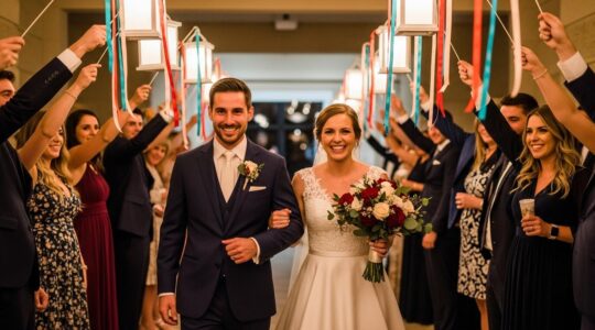 Les mariés entrant sous une haie d'honneur lumineuse avec une ambiance festive et joyeuse