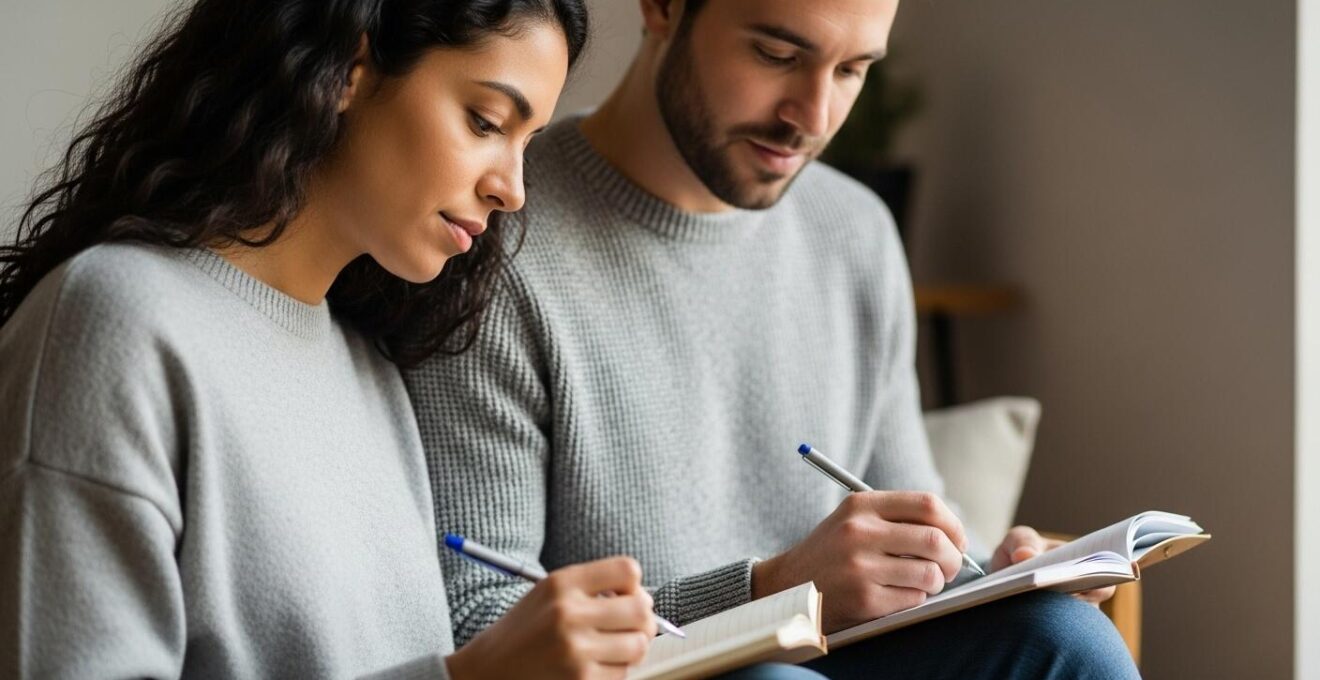 Couple concentré réalisant un exercice de visualisation ensemble dans un intérieur chaleureux
