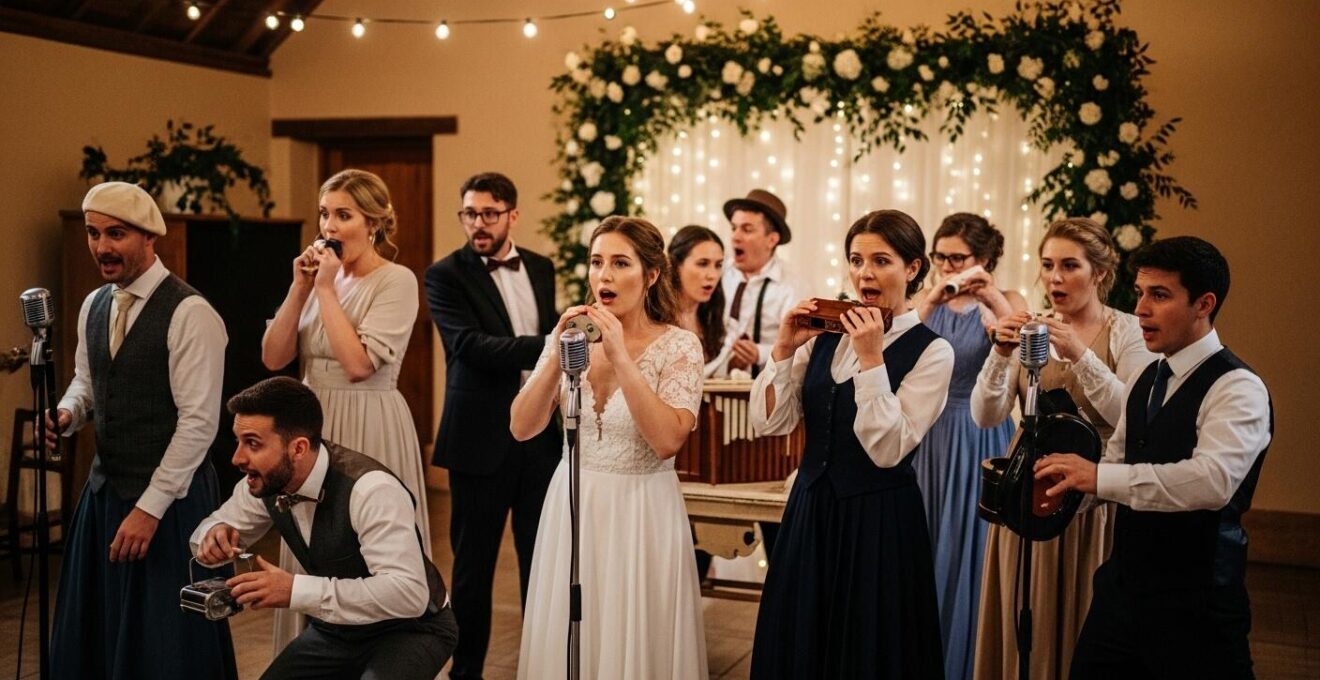 Scène immersive d'un mariage avec des invités interagissant avec des comédiens dans une salle élégante