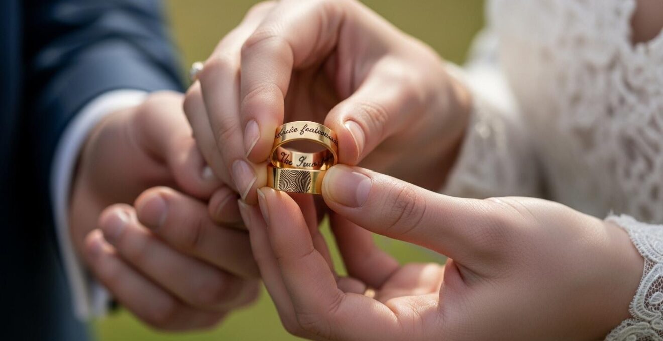 Photographie réaliste d'un couple échangeant des alliances gravées avec une empreinte digitale et un message intime, très rapproché sur les mains.