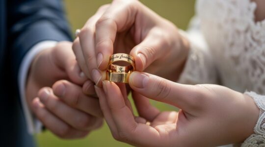 Photographie réaliste d'un couple échangeant des alliances gravées avec une empreinte digitale et un message intime, très rapproché sur les mains.