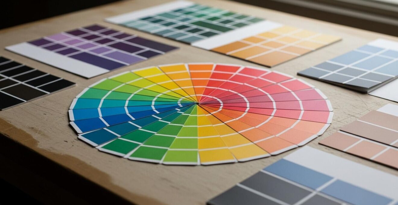 Palette de couleurs harmonieuses pour mariage avec cercle chromatique et exemples de combinaisons