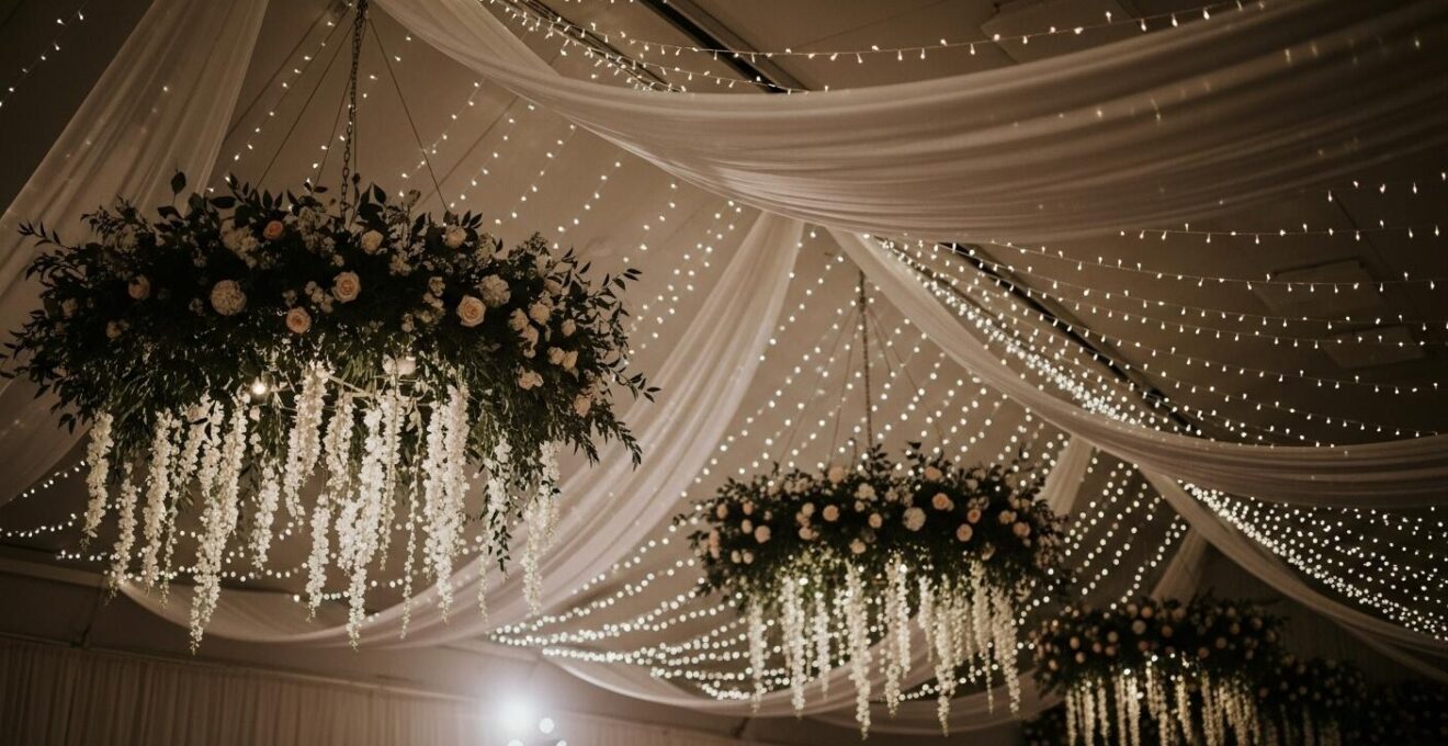Photo réaliste d'une décoration de plafond de salle de mariage avec suspensions florales, guirlandes lumineuses et drapés légers.