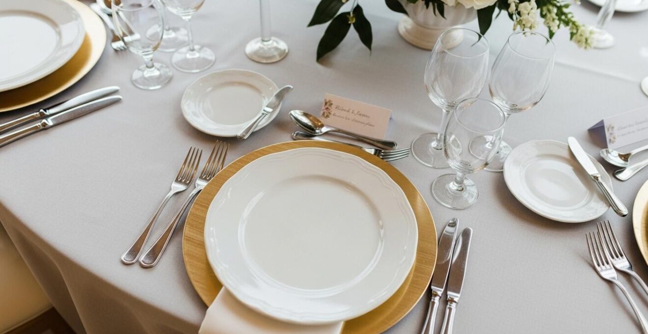 Photographie réaliste d'une table de mariage dressée selon les règles classiques françaises avec verres, couverts et nappes élégantes.