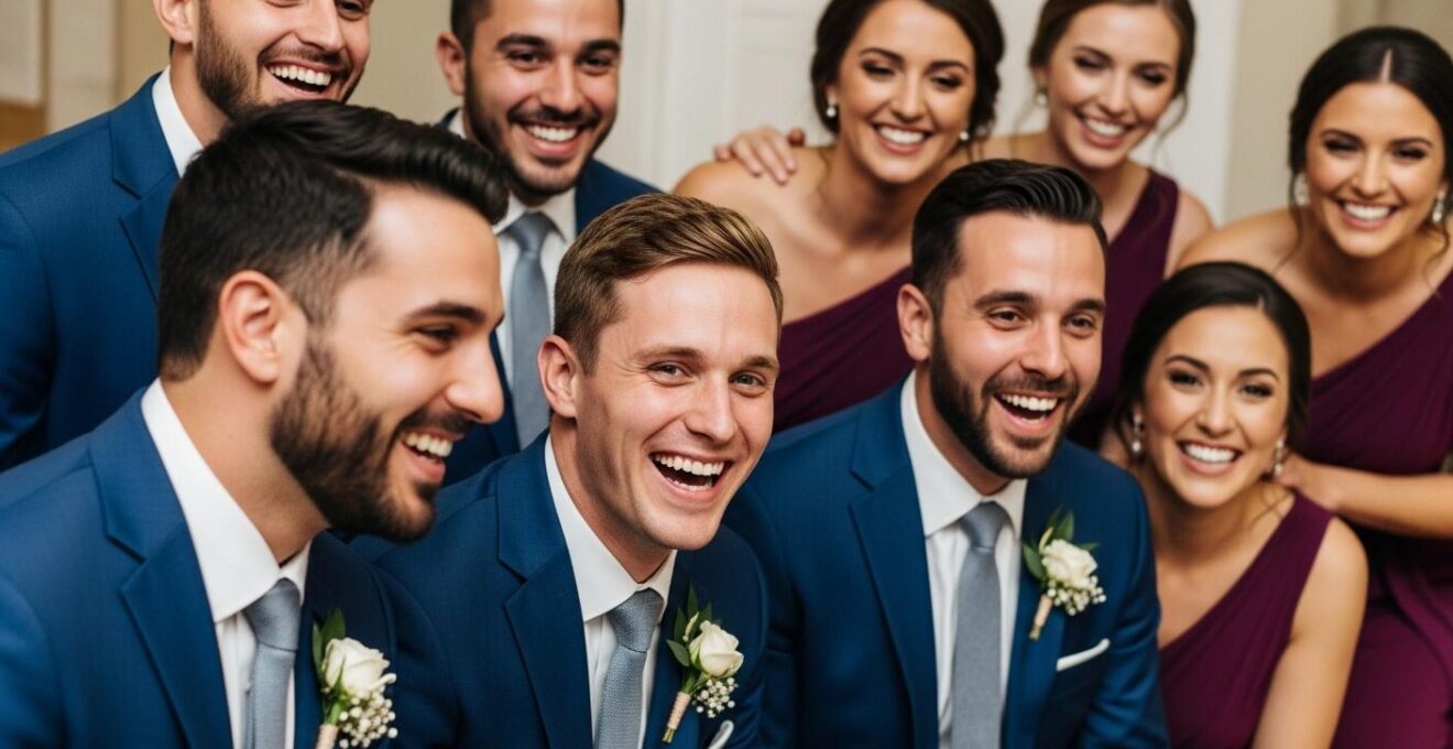 Mariée riant avec ses témoins en dépit d'un imprévu lors du mariage