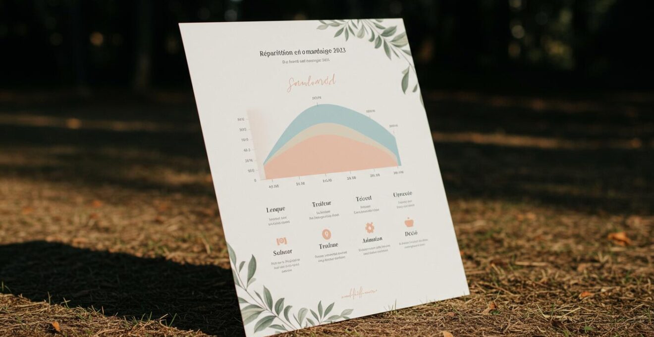 Infographie réaliste illustrant la répartition moyenne du budget mariage en 2023 selon les postes clés