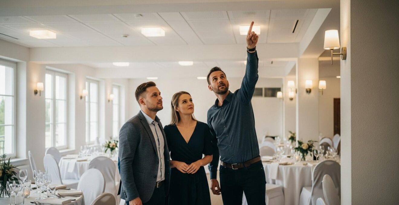Couple et professionnel réalisant une inspection technique méticuleuse d'un lieu de mariage