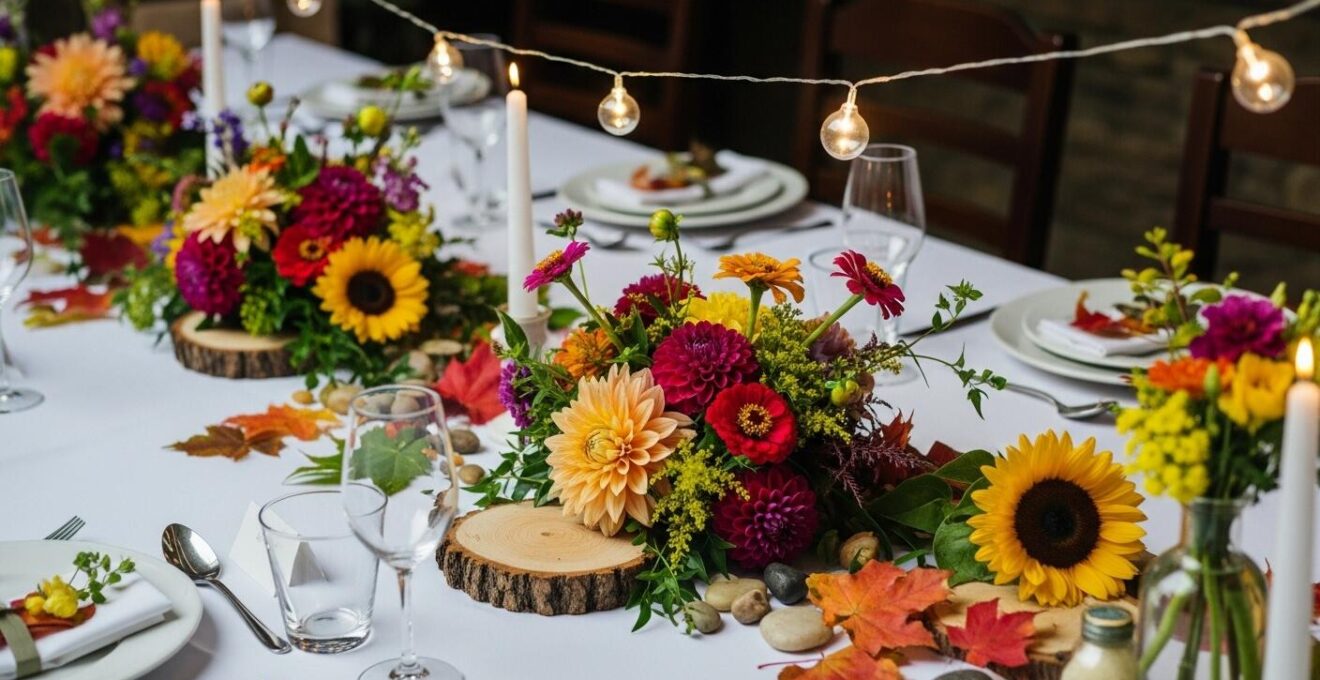 Une scène de mariage élégante et accueillante avec une grande table décorée de fleurs de saison, des guirlandes lumineuses et des éléments naturels