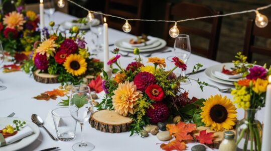 Une scène de mariage élégante et accueillante avec une grande table décorée de fleurs de saison, des guirlandes lumineuses et des éléments naturels