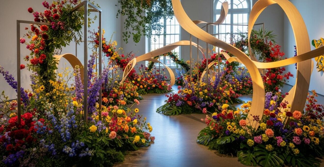 Installation artistique florale immersive combinant fleurs colorées et éléments de design dans un espace élégant