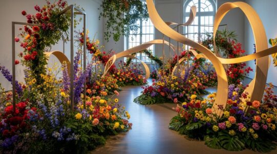 Installation artistique florale immersive combinant fleurs colorées et éléments de design dans un espace élégant