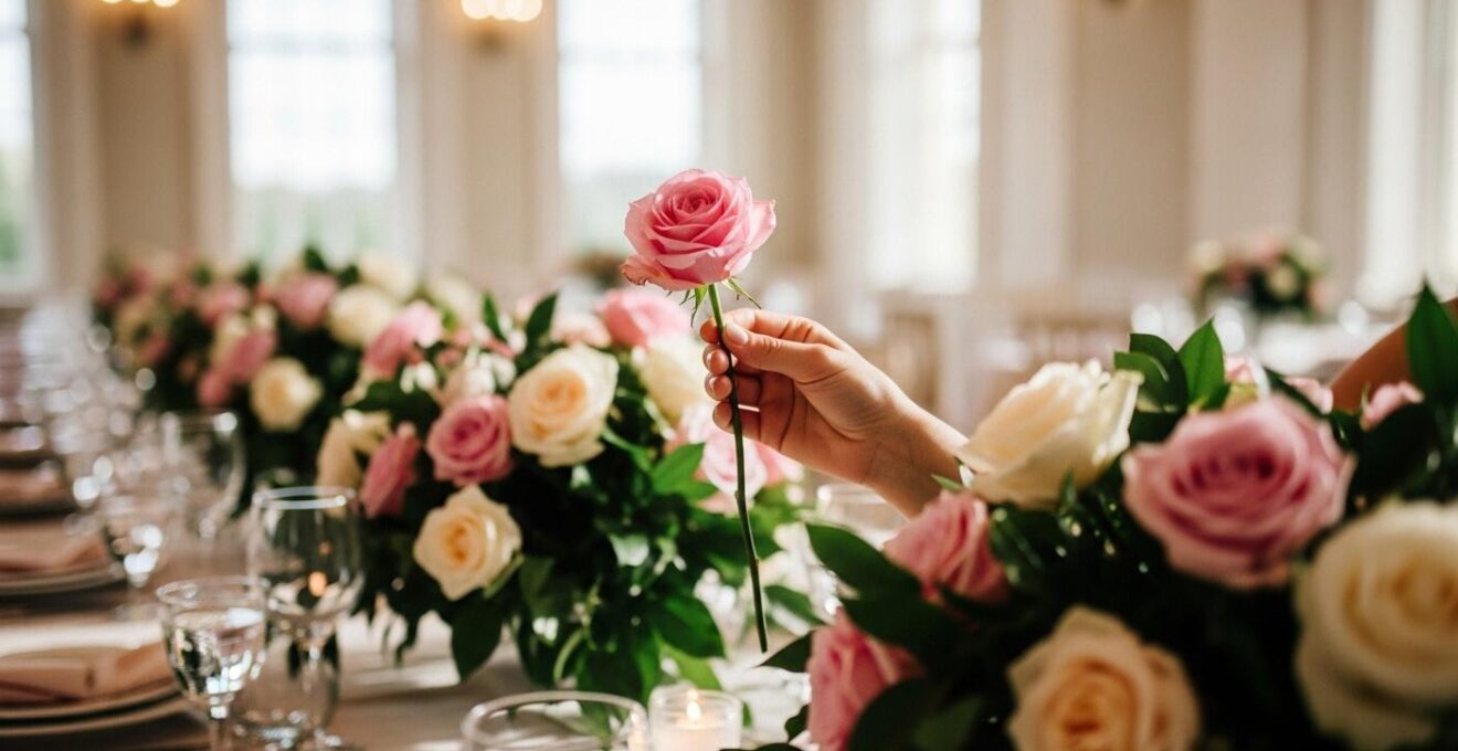 Centres de table floraux immersifs composés de rosiers de prairie dans une salle de réception de mariage élégante