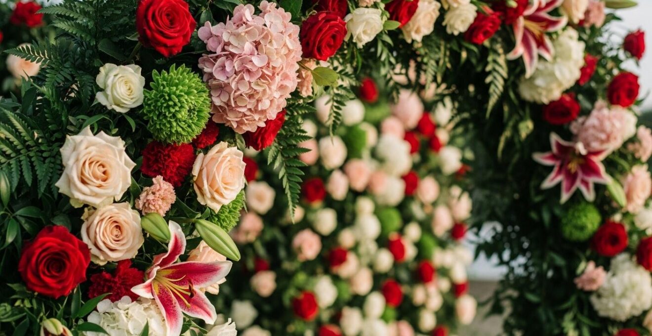Installation florale spectaculaire d'une arche luxuriante et d'un mur fleuri pour un mariage en plein air