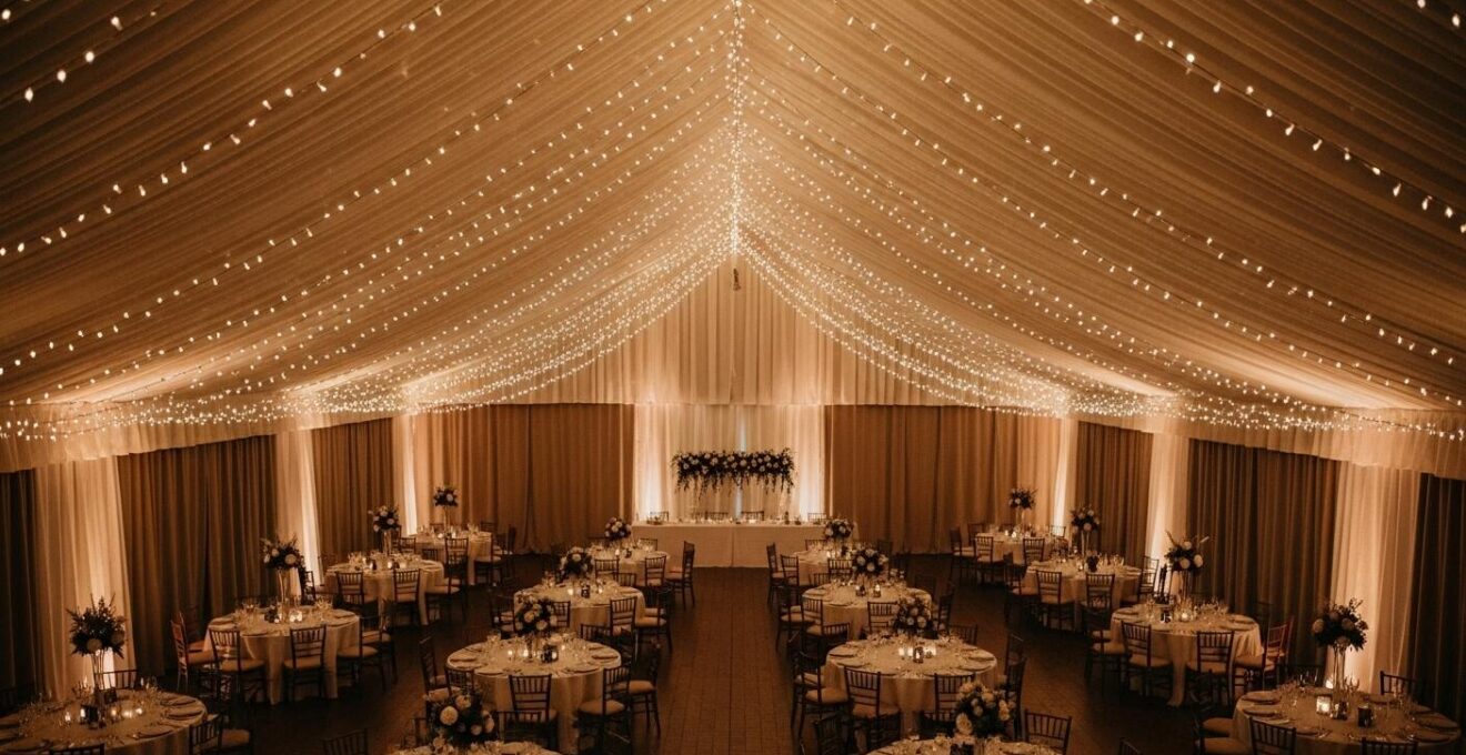 Installation de guirlandes lumineuses dans une salle de mariage pour un effet magique