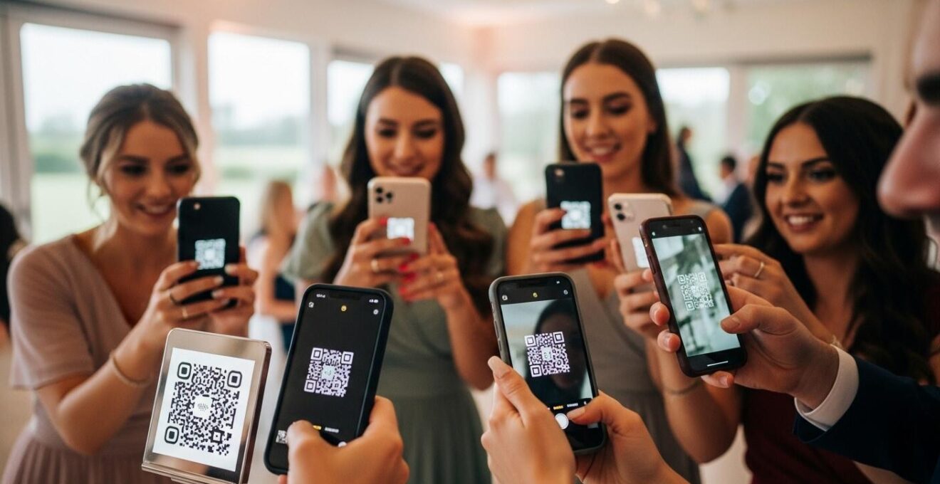Invités utilisant leurs smartphones pour partager des photos via QR code lors d'un mariage