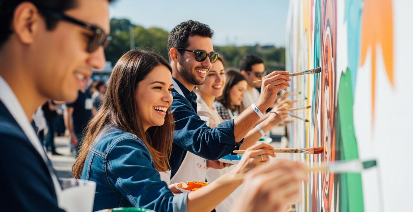 Invités de mariage décorant un mur collaboratif avec messages et photos