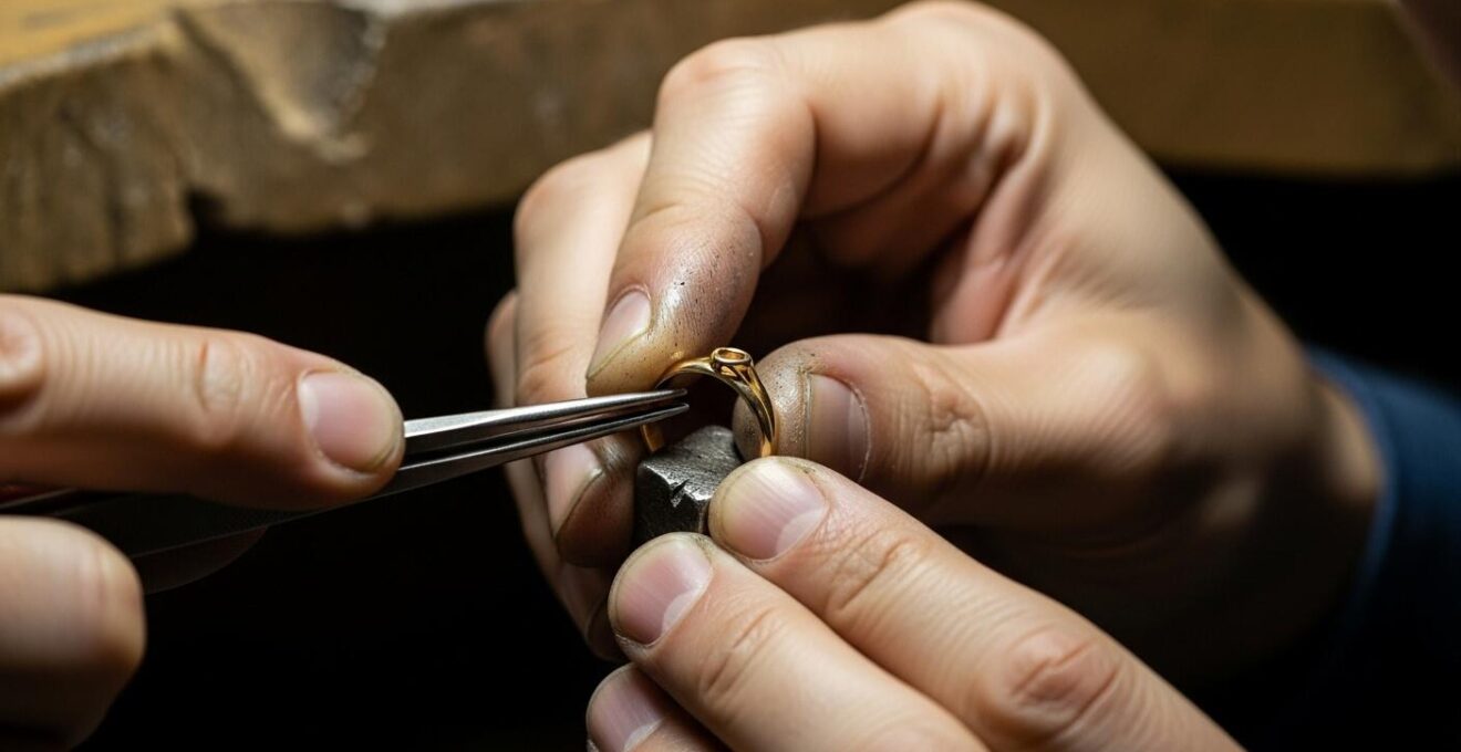 Vue d'un joaillier-créateur concentré dans son atelier en train de travailler sur une alliance de mariage sur mesure