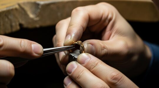 Vue d'un joaillier-créateur concentré dans son atelier en train de travailler sur une alliance de mariage sur mesure