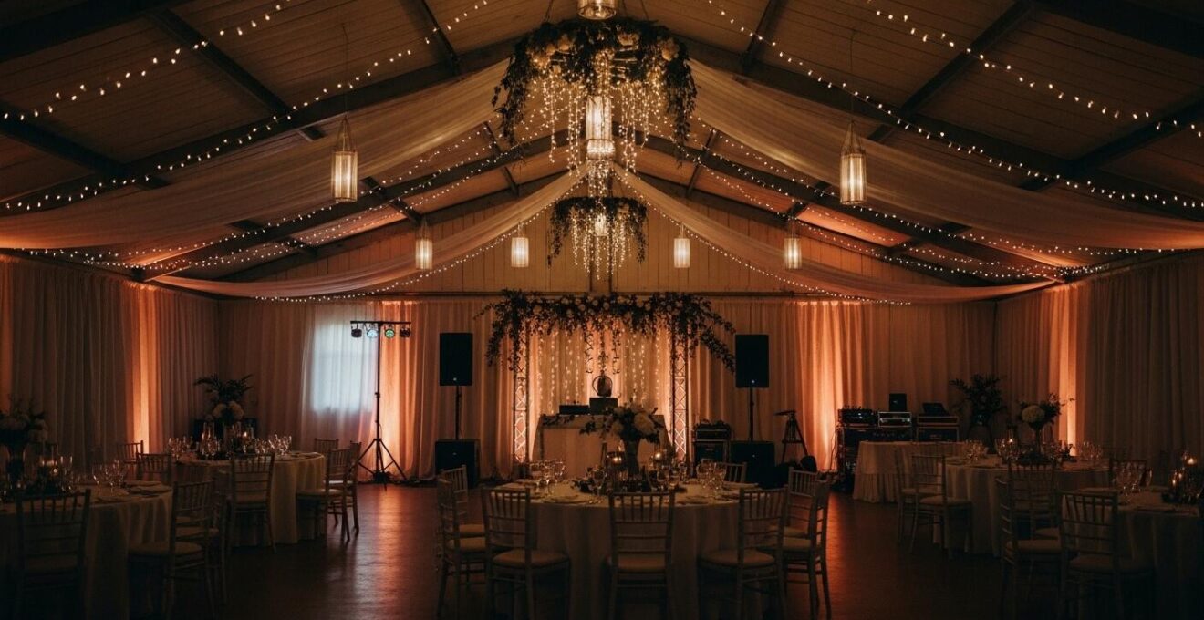 Une scène de mariage en intérieur avec une décoration chaleureuse et magique, éclairage tamisé aux tons dorés, guirlandes lumineuses suspendues et tissus élégants, avec une ambiance sonore mettant en valeur la célébration.