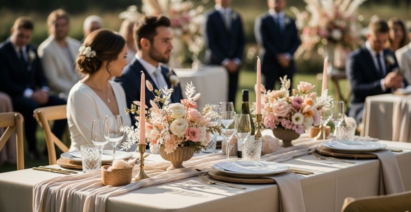 Photographie réaliste d'un mariage élégant avec décoration naturelle et chic intemporelle
