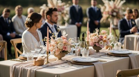 Photographie réaliste d'un mariage élégant avec décoration naturelle et chic intemporelle