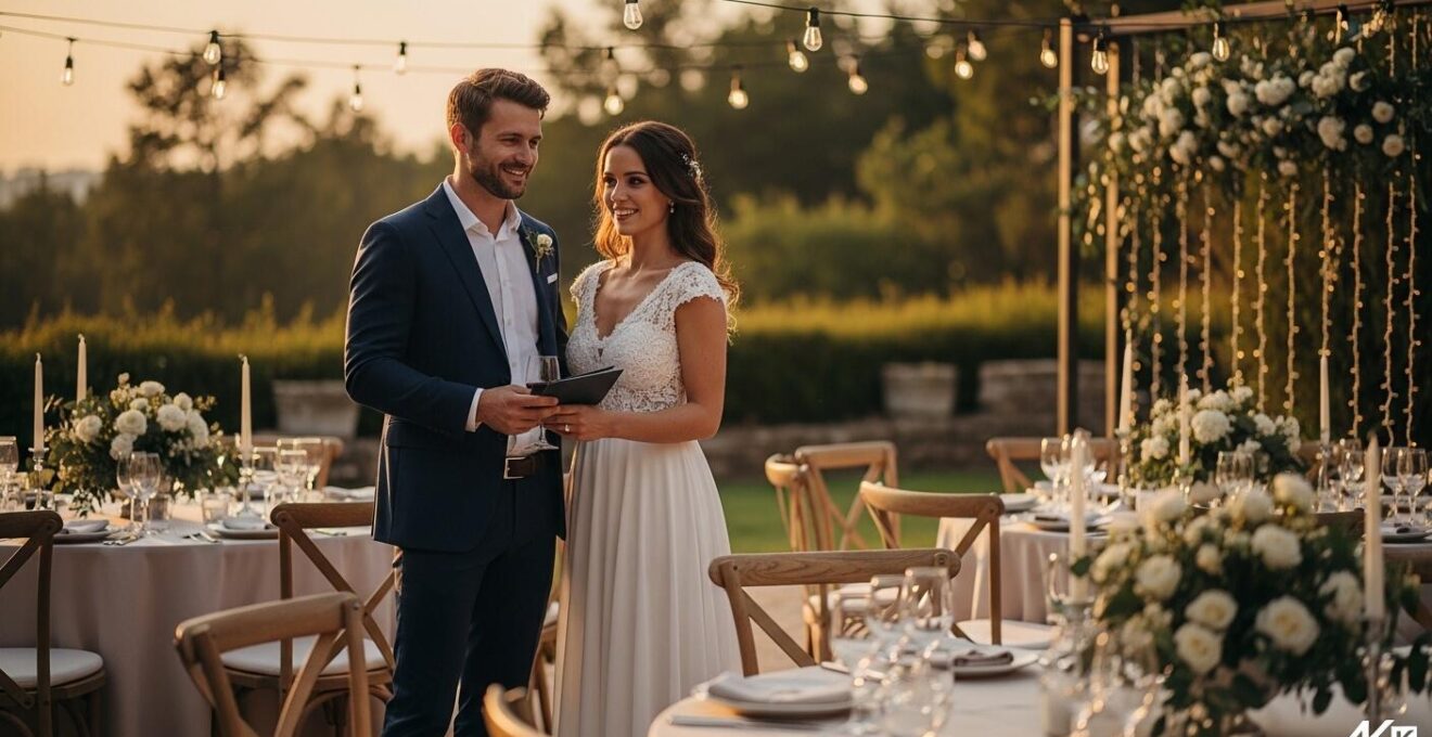 Couple de mariés heureux visitant un lieu de réception élégant et romantique, entouré d'un décor naturel enchanteur, en lumière naturelle