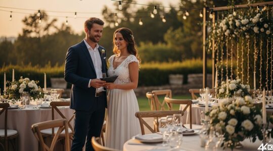 Couple de mariés heureux visitant un lieu de réception élégant et romantique, entouré d'un décor naturel enchanteur, en lumière naturelle