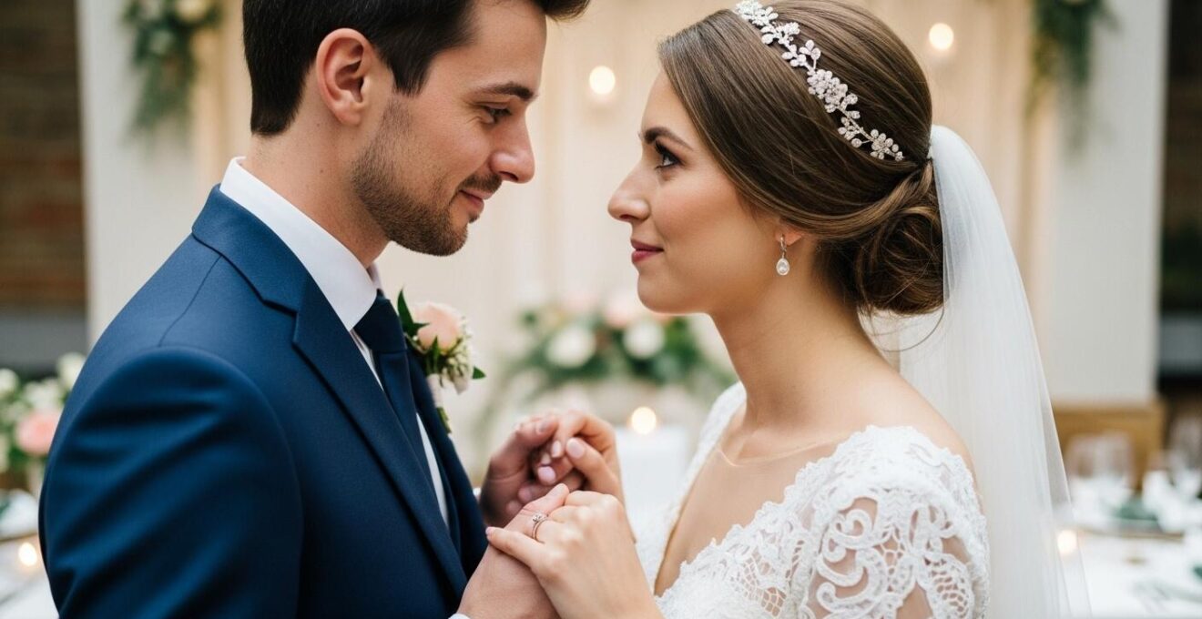 Photo d'un couple de mariés échangeant un regard complice dans un décor de mariage personnalisé et intime