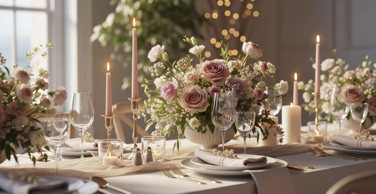 Photographie réaliste d'une décoration de mariage élégante avec des touches florales et une ambiance naturelle