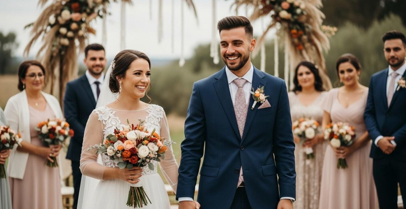Photographie réaliste d'un mariage en plein air montrant un couple entouré d'invités, échangeant des émotions et partageant des souvenirs