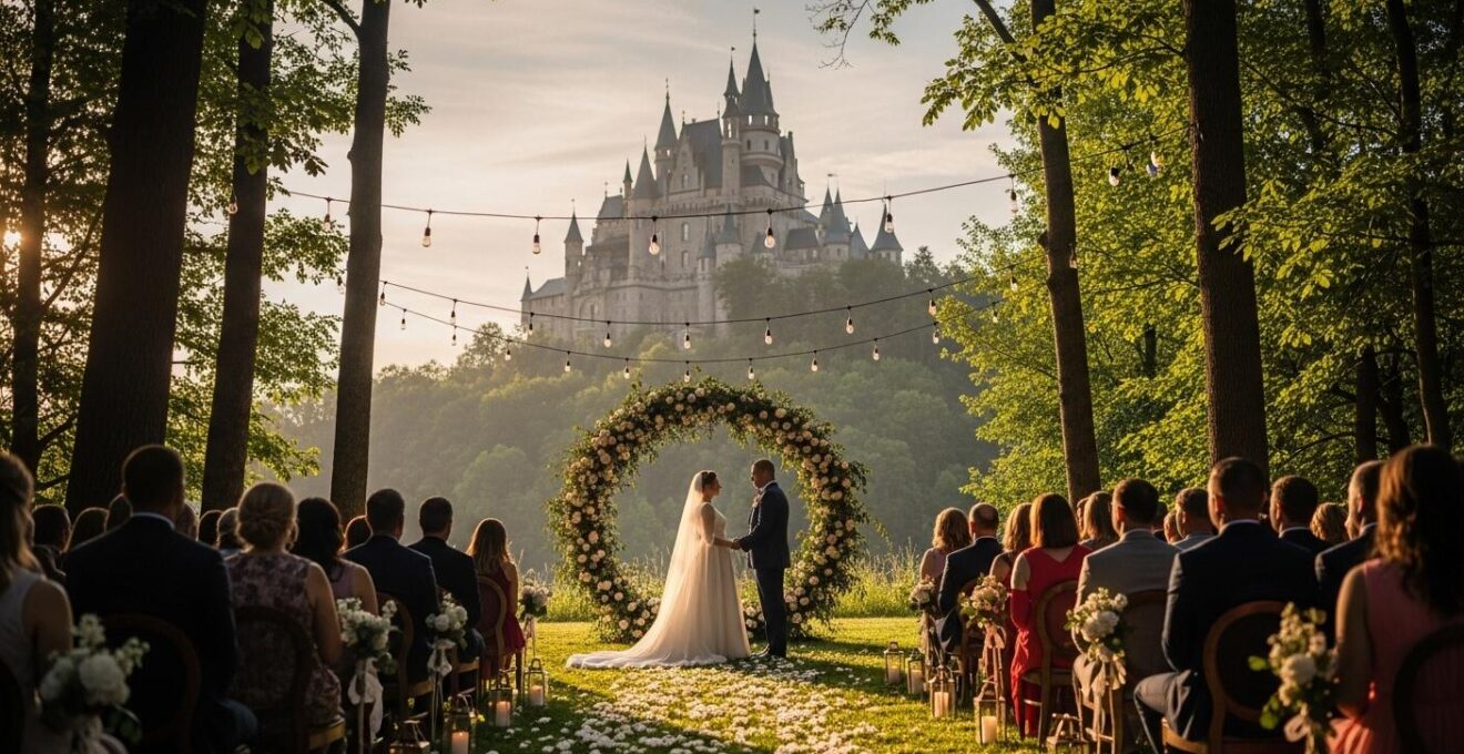 Scène de mariage féerique dans une forêt avec un château en arrière-plan, lumière naturelle douce