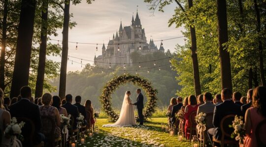 Scène de mariage féerique dans une forêt avec un château en arrière-plan, lumière naturelle douce