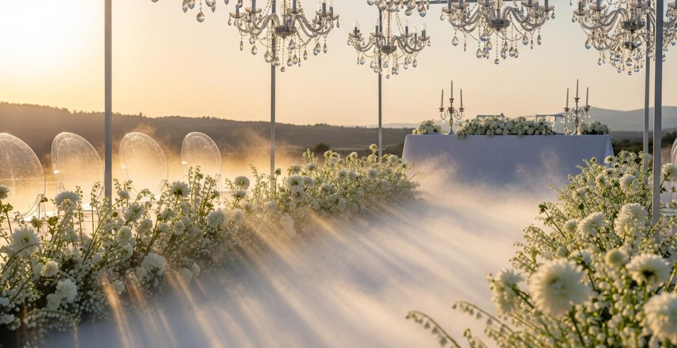 Photographie réaliste d'une scène de mariage féérique avec lumière douce, brume légère, compositions florales délicates et éléments en cristal scintillant.