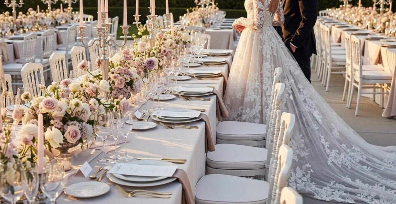 Photographie réaliste d'un mariage haute couture avec une décoration élégante et sur mesure
