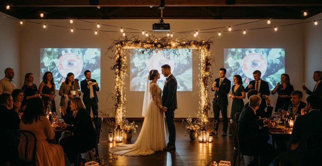 Couple et invités dans une ambiance de mariage immersive avec décor lumineux et éléments sensoriels