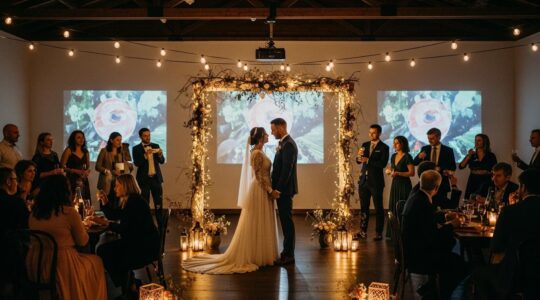 Couple et invités dans une ambiance de mariage immersive avec décor lumineux et éléments sensoriels