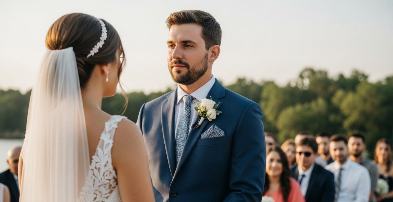 Couple de mariés échangeant un regard complice lors de leur cérémonie, entourés d'invités souriants dans un décor élégant et lumineux